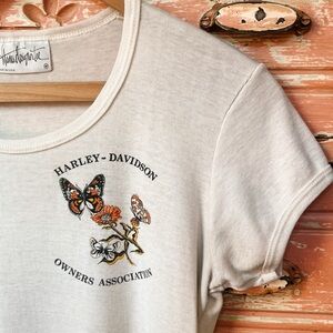 Vintage 70s 80s Harley Davidson White Butterfly Cropped “Baby Tee” Womens S/M